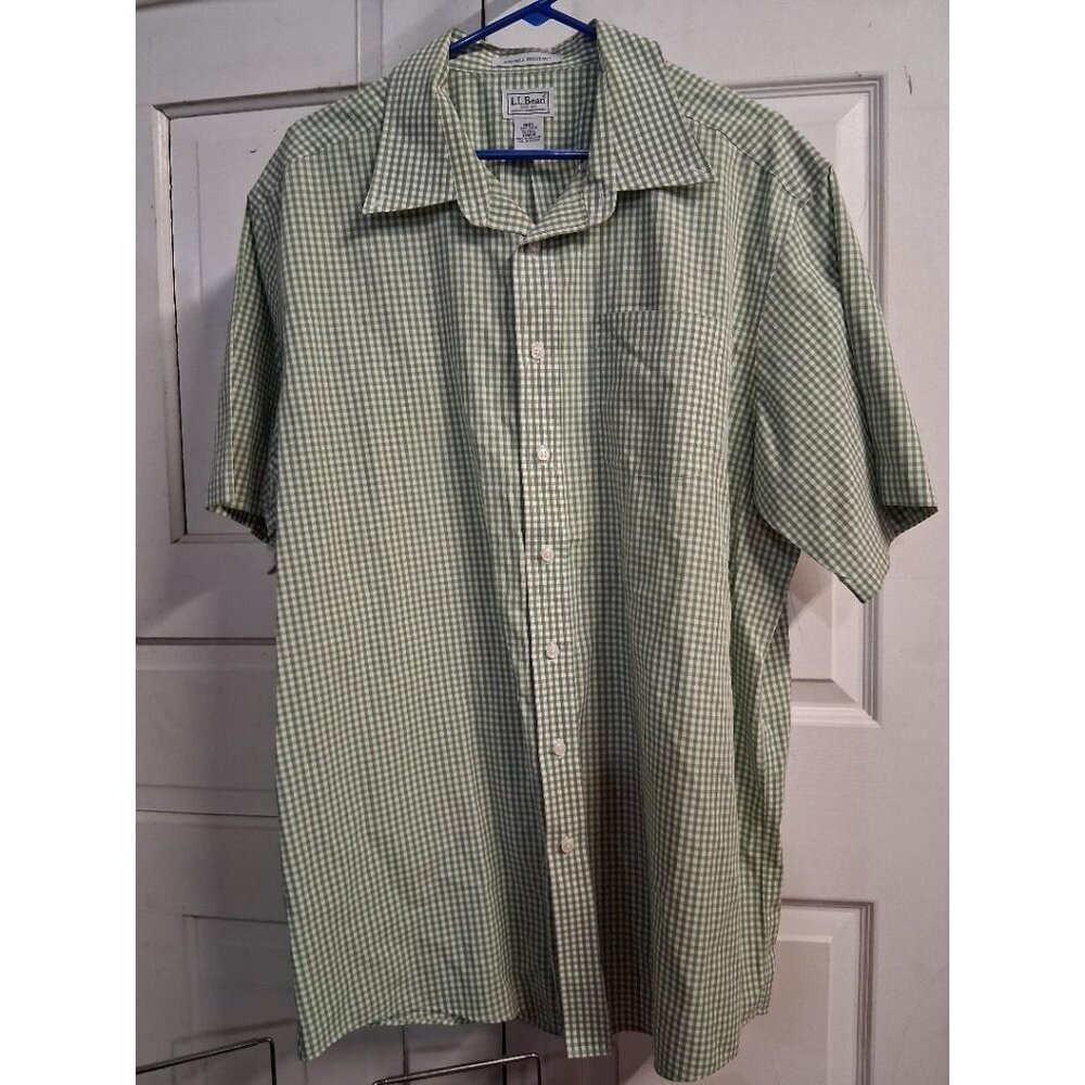L.L. Bean Green Gingham Mens Wrinkle-Resistant Button-Up Shirt XL Tall 100% Cott